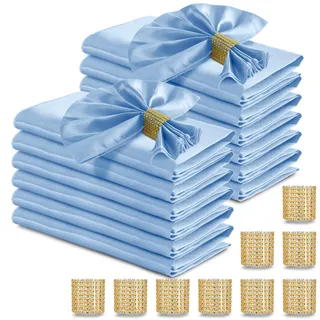 RUDONG M 100 Stück hellblaue Satin-Servietten und Serviettenringe-Set, 43,2 x 43,2 cm, quadratische Stoffservietten, 50 Stück, seidig weiche Tischservietten, Großpackung für Hochzeiten, Bankett,