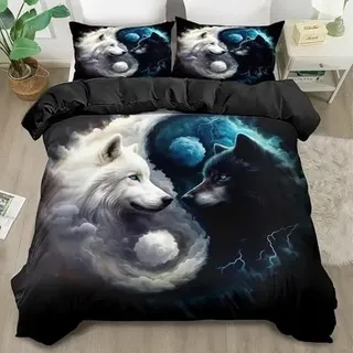 BSYYZQC Bettbezug 200x220 Schwarz-WeißEr Wolf, Bettwaesche Fantasie, Weich Atmungsaktiv Mikrofaser Bettwäsche Set mit Reißverschluss, 1 Bettbezüge und 2 Kissenbezüge 80x80 cm