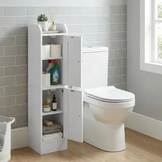 VASAGLE Schmaler Hochschrank, Badschrank, mit verstellbaren Ablagen, Badezimmerschrank für Bad, Landhausstil, weiß - Weiß