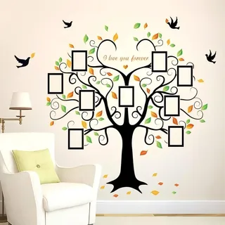 WandSticker4U®- [extra groß] Wandtattoo FAMILIENBAUM Fotowand XXL (160x204 cm) I Wandsticker Baum mit Bilderrahmen Stammbaum Vögel Blätter bunt I Wandaufkleber Wanddeko Baum Wohnzimmer Flur