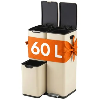 Relaxdays Mülleimer, 3 Fächer, 60 l, entnehmbare Inneneimer, Softclose, Fußpedal, Edelstahl, Mülltrenner Küche, beige