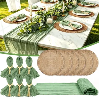 19Stück 3m Tischläufer Grün +6 Platzset+6 Stoffservietten+6 Serviettenringe | Stoffserviettens & Tischläufer Salbeigrün, Serviettenringe Holz & Rund Platzsets Boho, für Hochzeitsdeko Party Deko Tischdeko