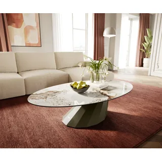 DELIFE Couchtisch Edge, Oval 140x80 cm Keramik Minas Melange Parabi Metall Effektfinish Titan beige|weiß Gerade Kante Oval | 140 cm x 34 cm x 80 cm