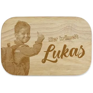 Personalisiertes Frühstücksbrettchen "Fotogravur" Motiv, Ihr Text mit Laser in Gummibaum Hartholz eingebrannt, 23x15cm, Geschenk für Kinder