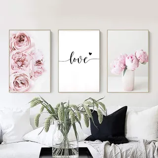 3er-Set Poster 40 x 50 cm Blume Rosa Poster Pfingstrose Zitat Liebe Schwarz und Weiß Leinwand Kunst Wanddekoration Natur Bild Modern Design Drucke auf Leinwand Deco Wohnzimmer PTLS004-L