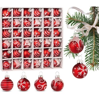 BRUBAKER Weihnachtsbaumkugel Weihnachtskugeln mit 3 cm Baumkugeln - Handbemalter Christbaumschmuck (36 St), Mini Kugeln für Weihnachtsbaum und Weihnachtsdekorationen aus Glas rot