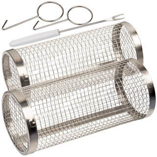 Rosenstein & Söhne 2er-Set Grillkörbe aus Edelstahl, stapelbar, inkl. Haken und Spieße