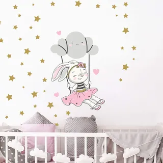 Wandtattoo Kinder - Deko Babyzimmer - Wandaufkleber Kinder - Wandtattoo Hase auf Wolke + 100 Sterne - Wandaufkleber Mädchen - H45 x L30 cm