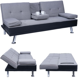 3er-Sofa MCW-F60, Couch Schlafsofa Gästebett, Tassenhalter verstellbar 97x166cm ~ Kunstleder/Textil, schwarz/hellgrau