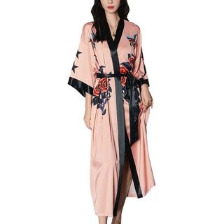 Vivi Idee Morgenmantel Bademantel Schlafmantel kimono lang leicht satin Sauna Einheitsgröße, Kimono-Kragen, Bindegürtel, Seidig