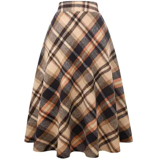 Ylingjun Langer, karierter Wollrock für Damen, Winter, Herbst, warm, hohe elastische Taille, A-Linie, ausgestellt, plissiert, Wolle, Schottenkaro, braun, Klein - S