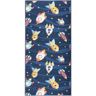 KARAT Teppich Kinderzimmer Jungen & Mädchen Kinderteppich Läufer für Babyzimmer, rutschfeste Rückseite, Robust und Pflegeleicht, 80 x 200 cm, Blau (Cute Rockets)