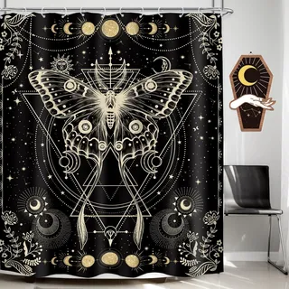 LGhtyro Duschvorhang mit Goldener Motte, 152 x 180 cm, Mondphase, Duschvorhang, Badezimmer-Set, Gothic, schwarzer Schmetterling, Mondlicht, Badevorhang, Hexe, Tarot, Halloween, Badewannenzubehör,