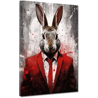 Hase im roten Anzug modern Pop Art Leinwandbild Wandbild Kunstdruck Wanddeko Größe 90x120x4cm