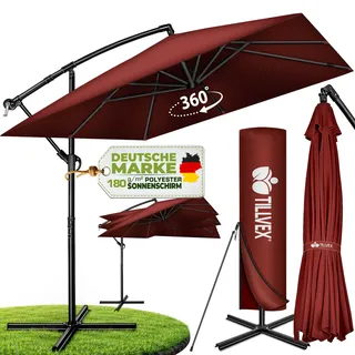 tillvex® Sonnenschirm Rechteckig Ø 330 cm + Abdeckung, Kurbel & Windschutz | Ampelschirm Aluminium Eckig mit Ständer | Alu Gartenschirm UV-Schutz | Kurbelschirm wasserdicht, 360° drehbar Terrasse Garten - 330 cm
