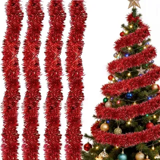 4 Stück Glänzend Weihnachtsbaum Girlande, Weihnachten Lametta Girlande Glänzend, 2 Meter Weihnachten Lametta G-irlande, Girland Rot, Weihnachte-n Girland-e, Für Eine Funkelnde Festdekoration! (Rot)