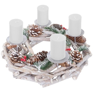 Tischkranz rund, Weihnachtsdeko Adventskranz, Holz Ø 35cm weiß-grau ~ mit Kerzen, weiß