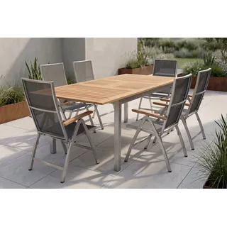 STERN Cardiff Garten-Essgruppe, silber/silbergrau, Edelstahl/Teak, Tisch 150/200 x 90 cm, 6 Klappstühle