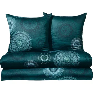 Erwin Müller Bettwäsche Sparpaket 4-TLG. Mako-Satin Mandala Petrol Größe 80x80 cm / 155x220 cm - feinfädig, temperaturausgleichend, atmungsaktiv, 100% Baumwolle, mit Reißverschluss