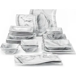 MALACASA 26-tlg. Porzellan Tafelservice in Marmor-Grau, Geschirrset mit Schale, Dessertteller, Suppenteller, Speiseteller, Servierplatten - Grau