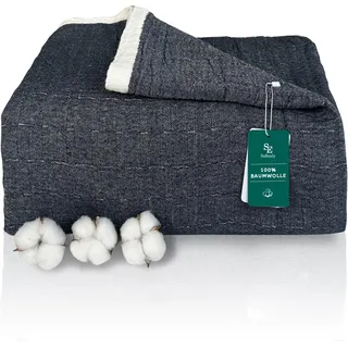 SE SOFTEXLY Musselin Decke aus 100% Baumwolle, 4-Lagige Atmungsaktive Weiche Kuscheldecke, GroßeSofadecke für Erwachsene, Ideale Tagesdecke für Alle Jahreszeiten (Dunkelblau, 230 x 260 cm)