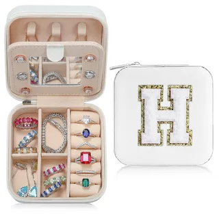TINGN Mädchen Geschenke 11 Jahre - Schmuckkästchen Damen Reise Schmuckaufbewahrung Weiß Schmuckschatulle Buchstaben H Schmuckkästchen Kinder Personalisiert Geschenke für Frauen Mädchen Kinder