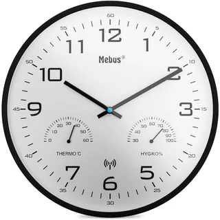 Mebus moderne Funk-Wanduhr mit Temperaturanzeige und Luftfeuchtigkeit, 30 cm, Funk-Uhr, Wohnzimmer, Küchenuhr / Modell: 52840 / Farbe: Schwarz