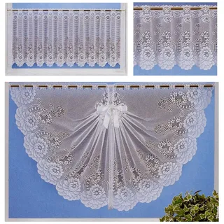 heimtexland Scheibengardine Jacquard Gardine halbtransparent Blumen Bordüre (1 St), Stangendurchzug, halbtransparent, Jacquard, inkl. Satinband I Deko als Schwalbenschwanz Muschelbogen weiß 180 cm x 33 cm