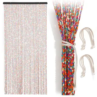 BORDRISE Perlenvorhang, 90x200cm Türvorhang Perlen 52 Stränge Bohemian-Stil Bambusvorhang mit 2 Riemen Perlenvorhang Insektenschutz Zuschneidbarer Holzperlenvorhang Bunt für Fenster Türen Dekoration