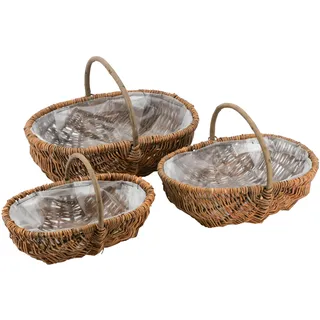 Kartoffelkorb Set – Naturweide oder Rattan Körbe mit Folie & Henkel - Ernte-,Pflanz - & Dekokörbe - Handgeflochten für Indoor & Outdoor (3er Set - Korbweide: Natur, Breite: 32cm/39cm/45cm)