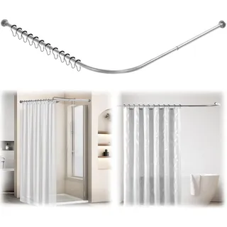 Duschvorhangstange L Form,Duschstange FüR Duschvorhang,Verstellbare Ecke Duschvorhangschiene mit 12 Haken,Dehnbare 304 Edelstahl Eckduschstange(Bohrmontage erforderlich) (68-138cm x 68-138cm Silber)
