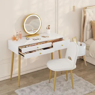 WOLTU Schminktisch mit Beleuchtung, Spiegel und Hocker, mit 3 Schubladen, einfache Montage, 100 x 40 cm, 2-in-1-Schreibtisch & Frisiertisch für Schlafzimmer, modernes Design, Hochglanz Weiß-Gold