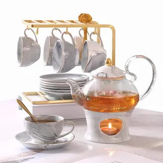 Duejust kleiner Tee-Set für Erwachsene, Marmor-Textur und goldene Trimm, handzeuggrau Porzellan-Tee-Party-Set für Kinder, 1 Glas-Teekanne (650ml), 6 Tassen (120 ml), 6 Untertassen, 1 Regal & 1-wärmer