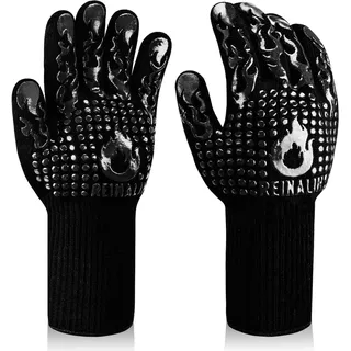 Reinalin Grillhandschuhe Hitzebeständig bis 800°C, Ofenhandschuhe Topfhandschuhe Feuerfeste Handschuhe BBQ Handschuhe Kochhandschuhe Backhandschuhe Backofenhandschuhe (S/M, Schwarz-f1)