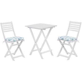 BELIANI Balkonset Weiß Akazienholz 2 Stühle 1 Teetisch 2 Auflagen im geometrischen Muster Gartenmöbelset