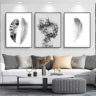 Trayosin 3er Set Design-Poster Set, Moderne Schwarz Weiß Wandbilder, Feder Mädchen Ohne Rahmen Wandbild Print Bilder, Leinwand Kunstposter Schwarz und weiß Feder für Wohnzimmer Deko (40x50cm)