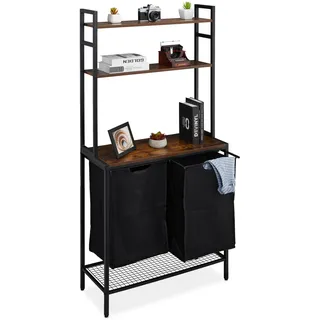 Relaxdays Wäschekorbregal 2 ausziehbare Fächer, HBT: 162x80x34 cm, Ablagen, Wäschesammler, Wäscheablage, schwarz/braun