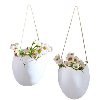 Loberon Hängevase 2er Set Nalena - in Form Eines Zerbrochenen EIS - Mattes Finish - Handbemalt - Osterdekoration - Ostern - Polyresin - Hanf, weiß