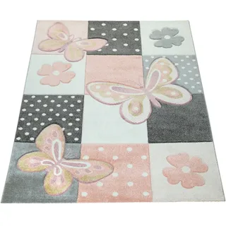 Paco Home - Kinder Teppich Kinderzimmer Bunt Rosa Schmetterlinge Karo Muster Punkte Blumen 80x150 Cm