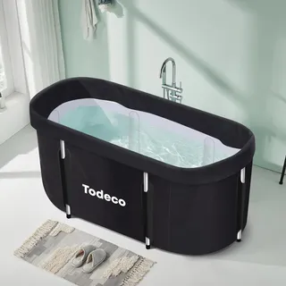Todeco Faltbare Badewanne, Erwachsene Badewanne, 120×55×50 cm, Schwarz | Metallrahmen, mit Wasserkissen, aufblasbare Rückenlehne, Handpumpe und Aufbewahrungstasche, tragbare, für heißes Bad Eisbad