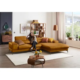 Ecksofa W.SCHILLIG "Piedroo, Designsofa mit tollem Sitzkomfort, elegant und bequem, L-Form", gelb (brandy s37), B:303cm H:70cm T:193cm, Stoff S37 (100% Polyester): Luxus-Microfaser in Lederoptik, Sofas, Ecksofa, Kopfteilverstellung, wahlweise mit Sitztiefenverstellung, Breite 303cm