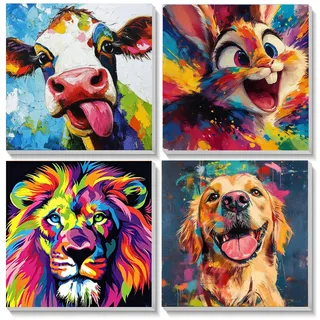 Bowetile 4 Stück Tiere Malen Nach Zahlen Kinder mit Rahmen, Löwe Zahlenmalerei Kinder mit Rahmen ab 4-8-12+, DIY Gemäide Bastelset auf Leinwand mit Pinseln und Acrylpigment für Home Décor 20x20cm