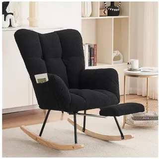 STILVORA Schaukelstuhl mit Fußstütze,Schaukelsessel mit Polsterung,Relaxsessel aus Teddystoff, mit ausziehbarer Fußstütze 98-123cm×70cm×98.5cm schwarz