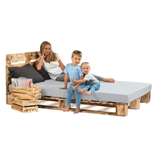 Lermowood Palettenbett M1 aus Holz 180 x 200 cm Geflammt mit Kopfteil Holzbett 20cm Stabiles Seniorenbett Kinderbett Jugendbett Gästebett erhöhtes Einzelbett Bettgestell Futon Komforthöhe Naturholz
