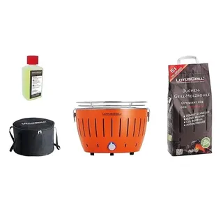 LotusGrill - Sonderpaket BBQ Classic Orange (cm 35) mit 2,5 Kg Holzkohle und Brenngel