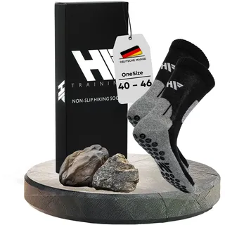 HF Training® - 1 Paar Rutschfeste Wandersocken (40-46) Schwarz mit Noppen (Unisex) - Hiking & Trekking-Socken lang mit Grip Damen, Herren, Wanderstrümpfe Outdoor-Socks - Antirutsch-Socken atmungsaktiv - 40-46