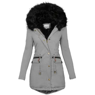 UPOI Wintermantel Damen Mittellang Winterjacke Warm Gefüttert Fleece Parka Mantel Mit Kapuze Kunstpelzkragen Jacke Frauen Winter Winterparka Verdickene Outdoor Übergangsjacke Mit Knöpfen Zipper - XXL