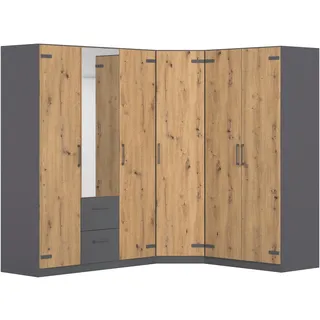 Schrank-Set RAUCH "Holmes", grau (graumetallic, eiche artisan), B:221cm H:197cm T:163cm, Holzwerkstoff, Kastenmöbel-Sets, mit Applikationen "Industrial Style" MADE IN GERMANY