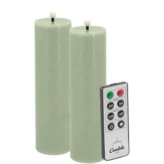 Candela LED Kerzen 2er Set H:17,5xØ5cm grün rustic Echtwachs mit Fernbedienung Timer Funktion & mehrstufig dimmbar flammenlos Echtwachskerzen Stumpenkerze