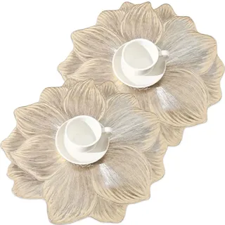 Creative Flower PVC Placemat – 3D Floral Placemats, Waterproof & Oil-Proof, 15" Round Non-Slip Heat-Resistant Table Mats for Dining Room & Kitchen Decor (2, Gold)